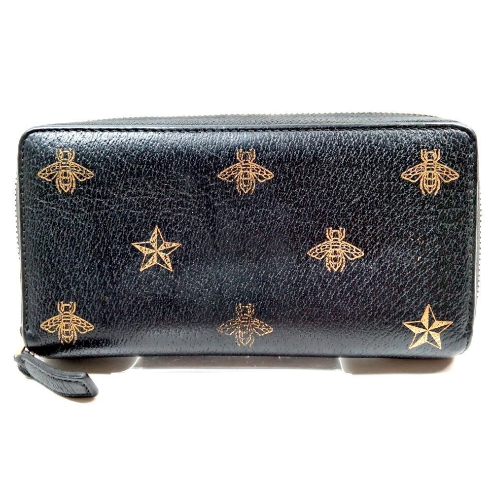 Authentic Gucci Continental Black Leather Gold Filigree Bee Star Zippy Wallet